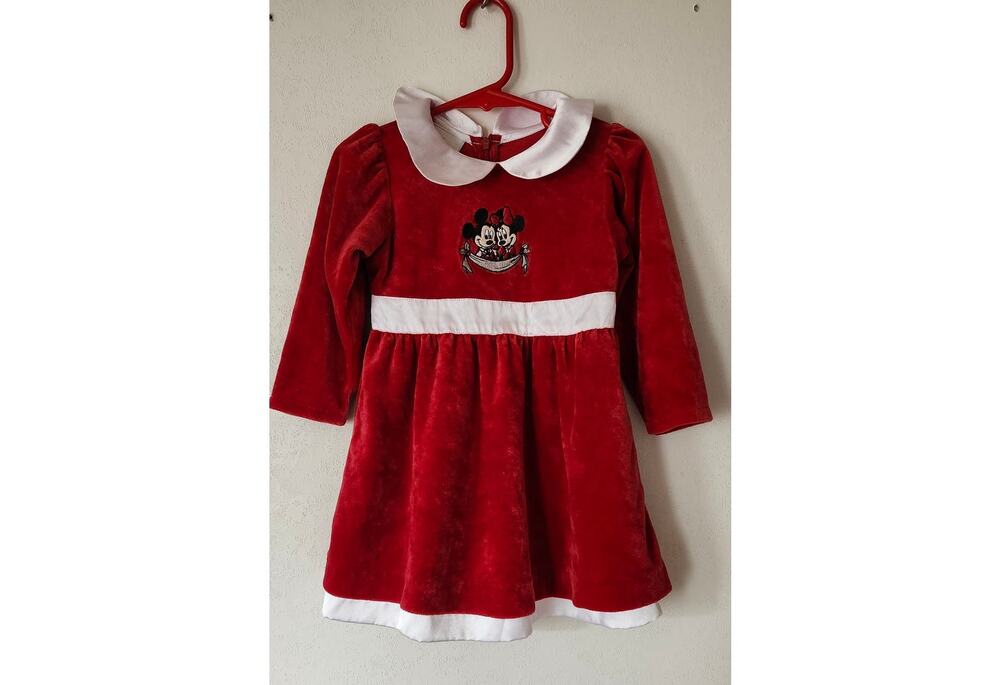 Vintage 90s Disney Store Mickey Minnie Christmas Dress Toddler 2T Red Velour